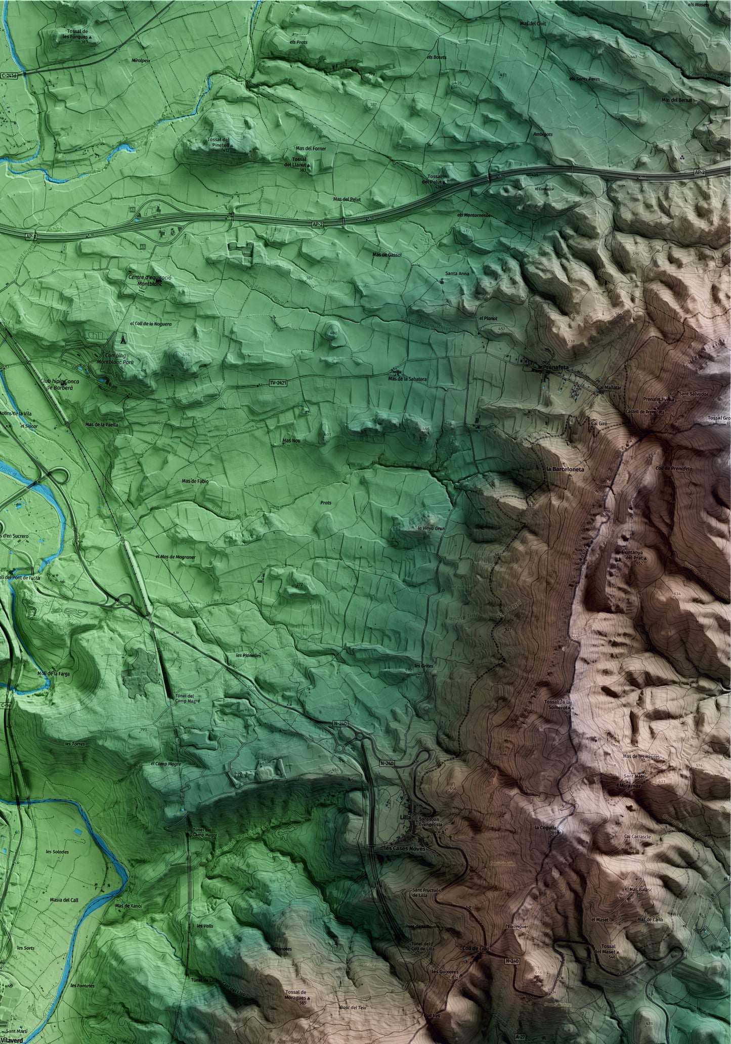 Mapa artístico del relieve de Vilaverd, a la Conca de Barberà, con 15 km de entorno y base topográfica ICGC. Detalle de la zona superior derecha.