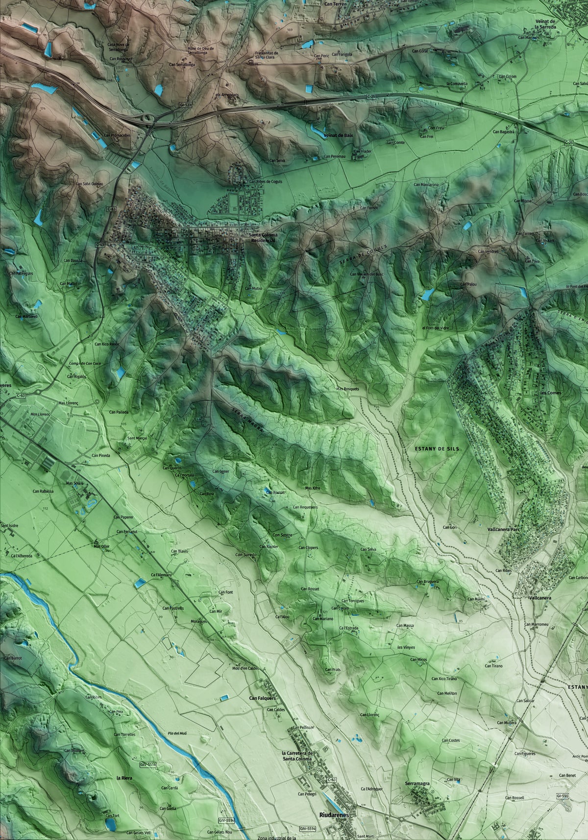 Mapa artístico del relieve de Vilobí d'Onyar, a la Selva, con 15 km de entorno y base topográfica ICGC. Detalle de la zona inferior izquierda.