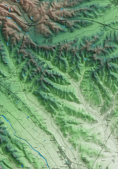 Mapa artístico del relieve de Vilobí d'Onyar, a la Selva, con 15 km de entorno y base topográfica ICGC. Detalle de la zona inferior izquierda.