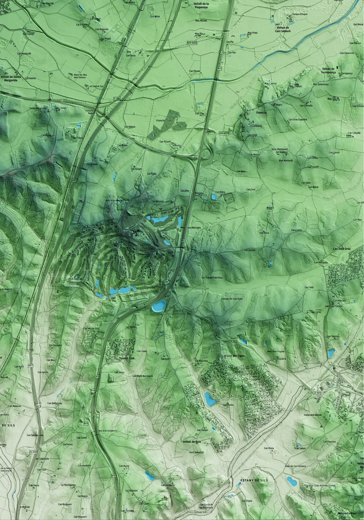 Mapa artístico del relieve de Vilobí d'Onyar, a la Selva, con 15 km de entorno y base topográfica ICGC. Detalle de la zona inferior derecha.