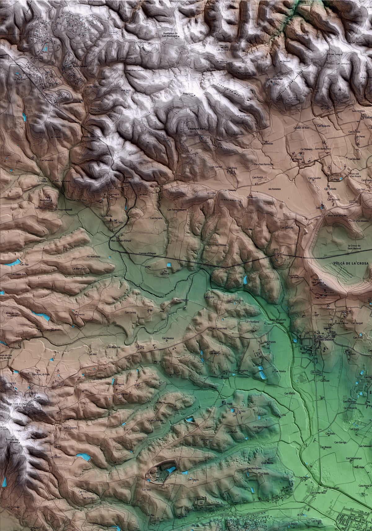 Mapa artístico del relieve de Vilobí d'Onyar, a la Selva, con 15 km de entorno y base topográfica ICGC. Detalle de la zona superior izquierda.