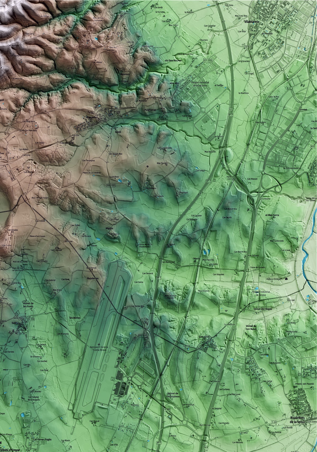 Mapa artístico del relieve de Vilobí d'Onyar, a la Selva, con 15 km de entorno y base topográfica ICGC. Detalle de la zona superior derecha.