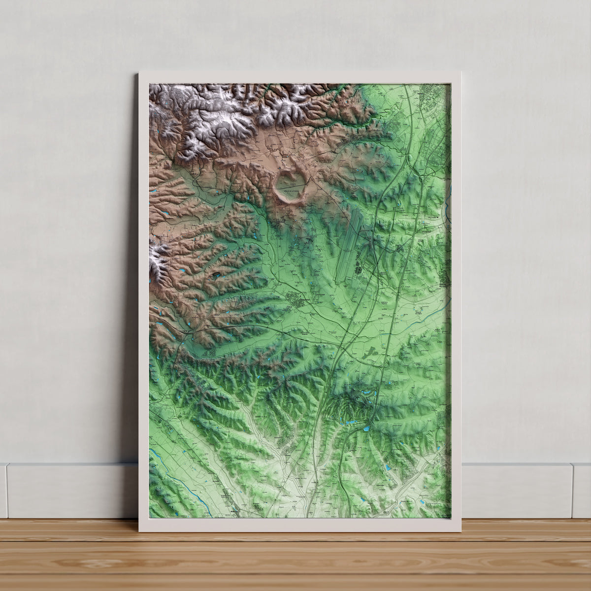 Mapa artístico del relieve de Vilobí d'Onyar, a la Selva, con 15 km de entorno y base topográfica ICGC. Presentación enmarcada.
