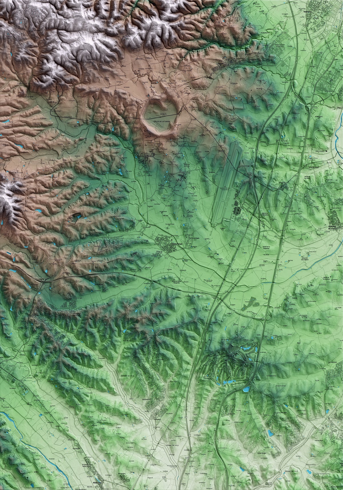 Mapa artístico del relieve de Vilobí d'Onyar, a la Selva, con 15 km de entorno y base topográfica ICGC