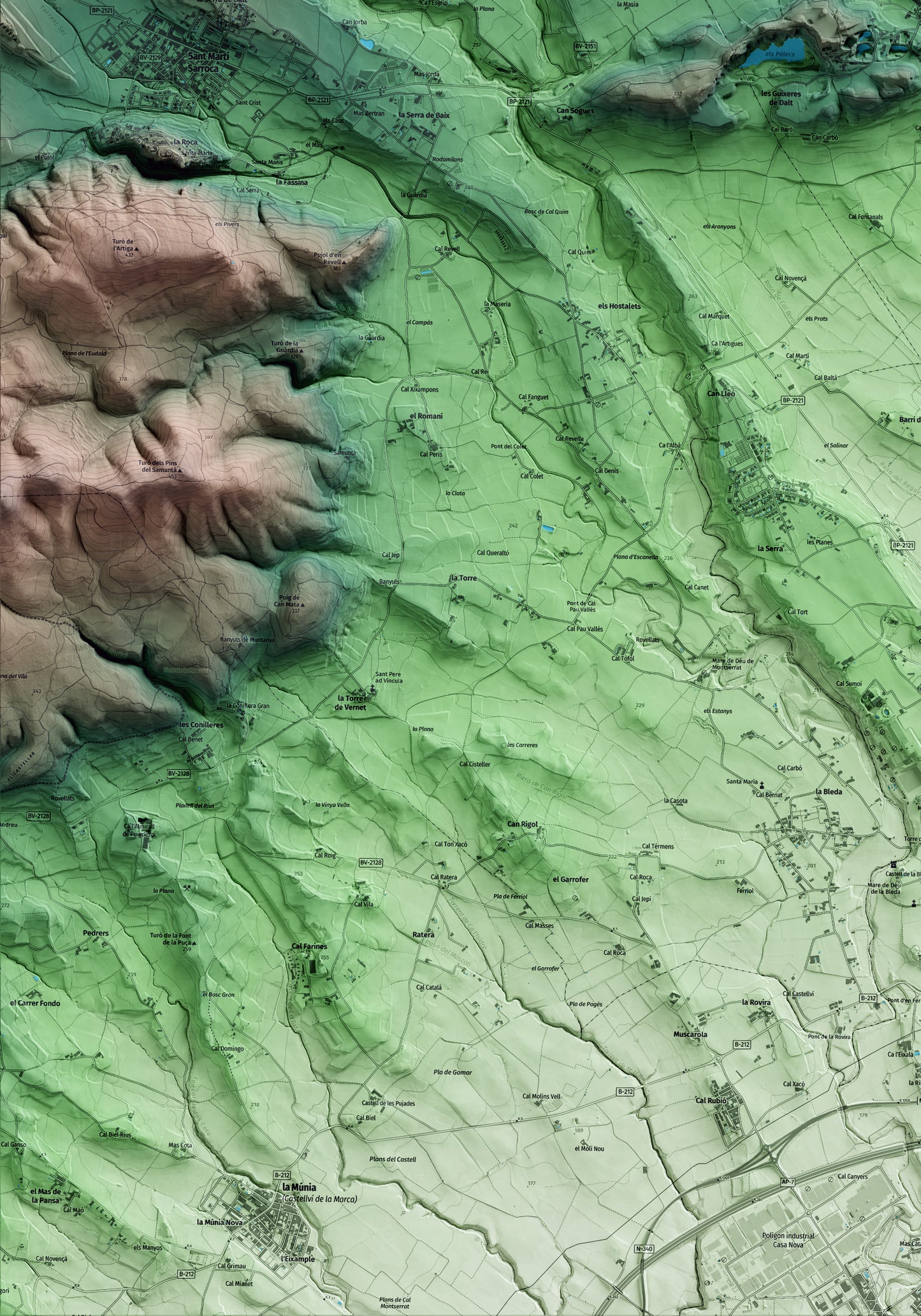 Mapa artístico del relieve de Vilobí del Penedès, al Alt Penedès, con 15 km de entorno y base topográfica ICGC. Detalle de la zona inferior izquierda.