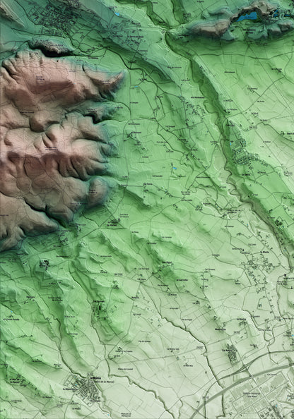 Mapa artístico del relieve de Vilobí del Penedès, al Alt Penedès, con 15 km de entorno y base topográfica ICGC. Detalle de la zona inferior izquierda.