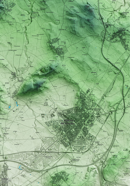 Mapa artístico del relieve de Vilobí del Penedès, al Alt Penedès, con 15 km de entorno y base topográfica ICGC. Detalle de la zona inferior derecha.