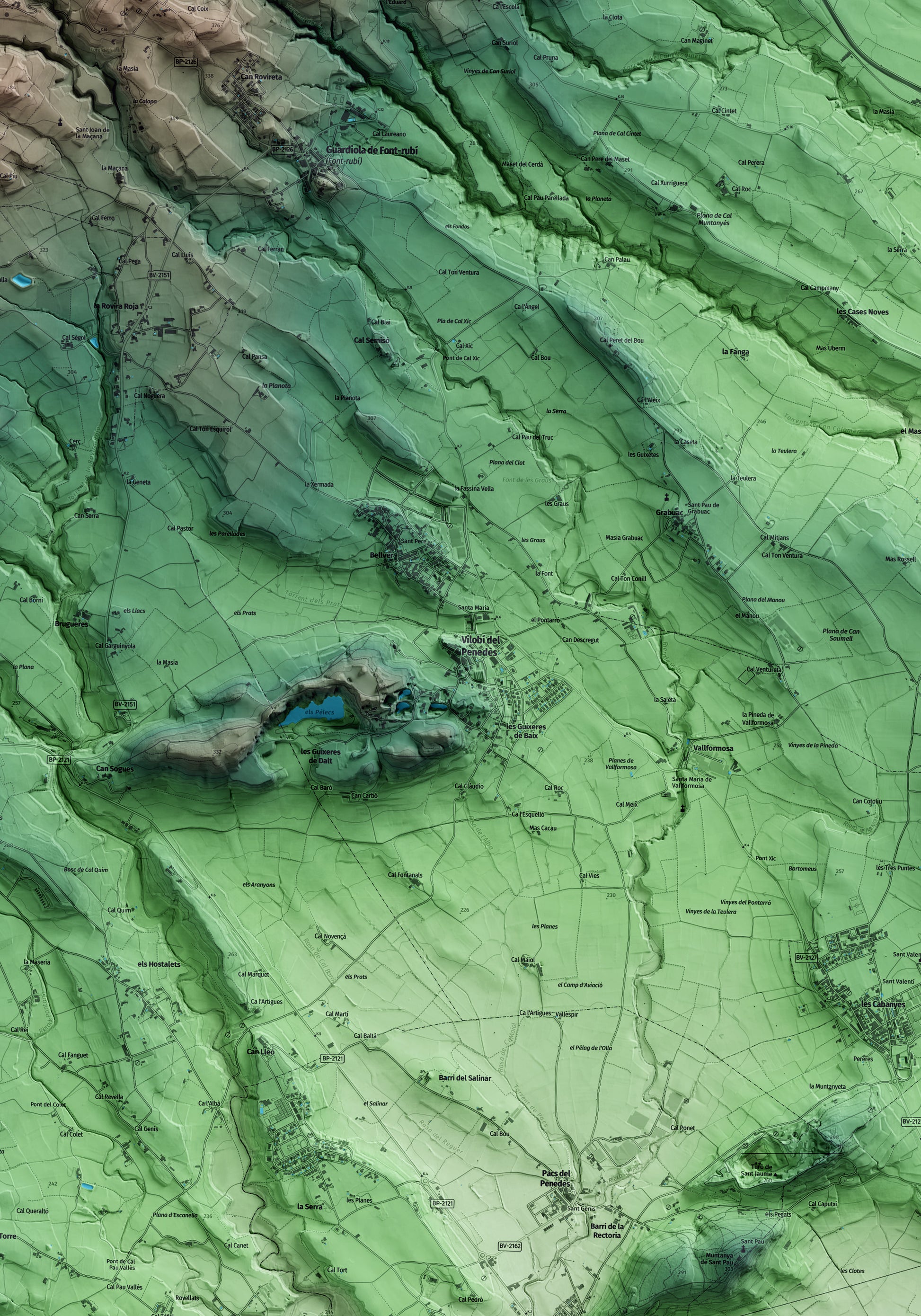 Mapa artístico del relieve de Vilobí del Penedès, al Alt Penedès, con 15 km de entorno y base topográfica ICGC. Detalle de la zona central.