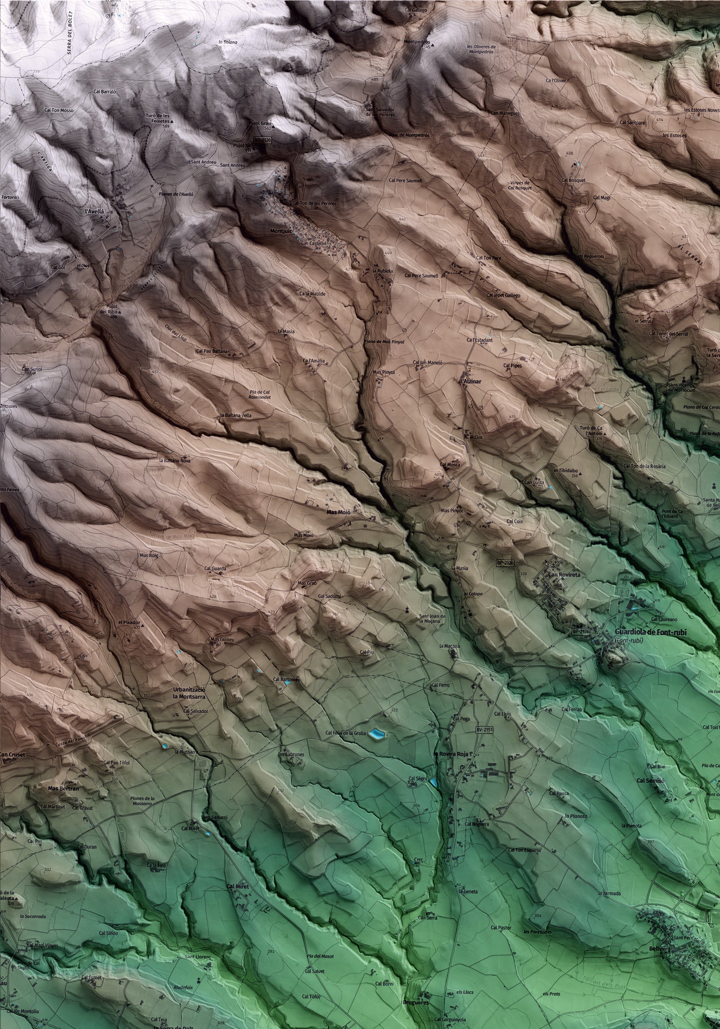 Mapa artístico del relieve de Vilobí del Penedès, al Alt Penedès, con 15 km de entorno y base topográfica ICGC. Detalle de la zona superior izquierda.