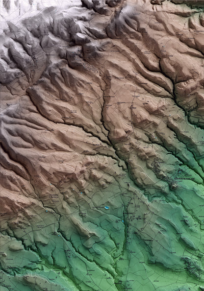 Mapa artístico del relieve de Vilobí del Penedès, al Alt Penedès, con 15 km de entorno y base topográfica ICGC. Detalle de la zona superior izquierda.
