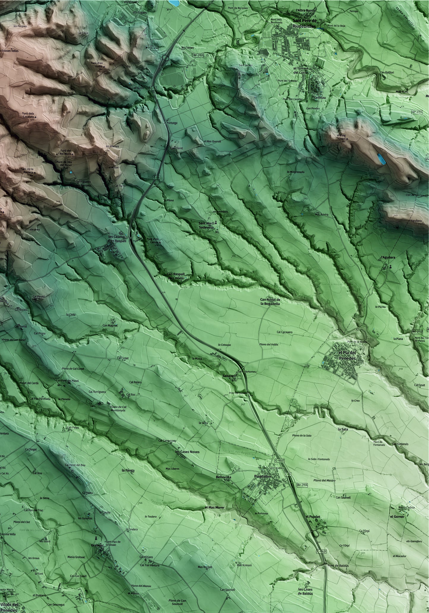 Mapa artístico del relieve de Vilobí del Penedès, al Alt Penedès, con 15 km de entorno y base topográfica ICGC. Detalle de la zona superior derecha.