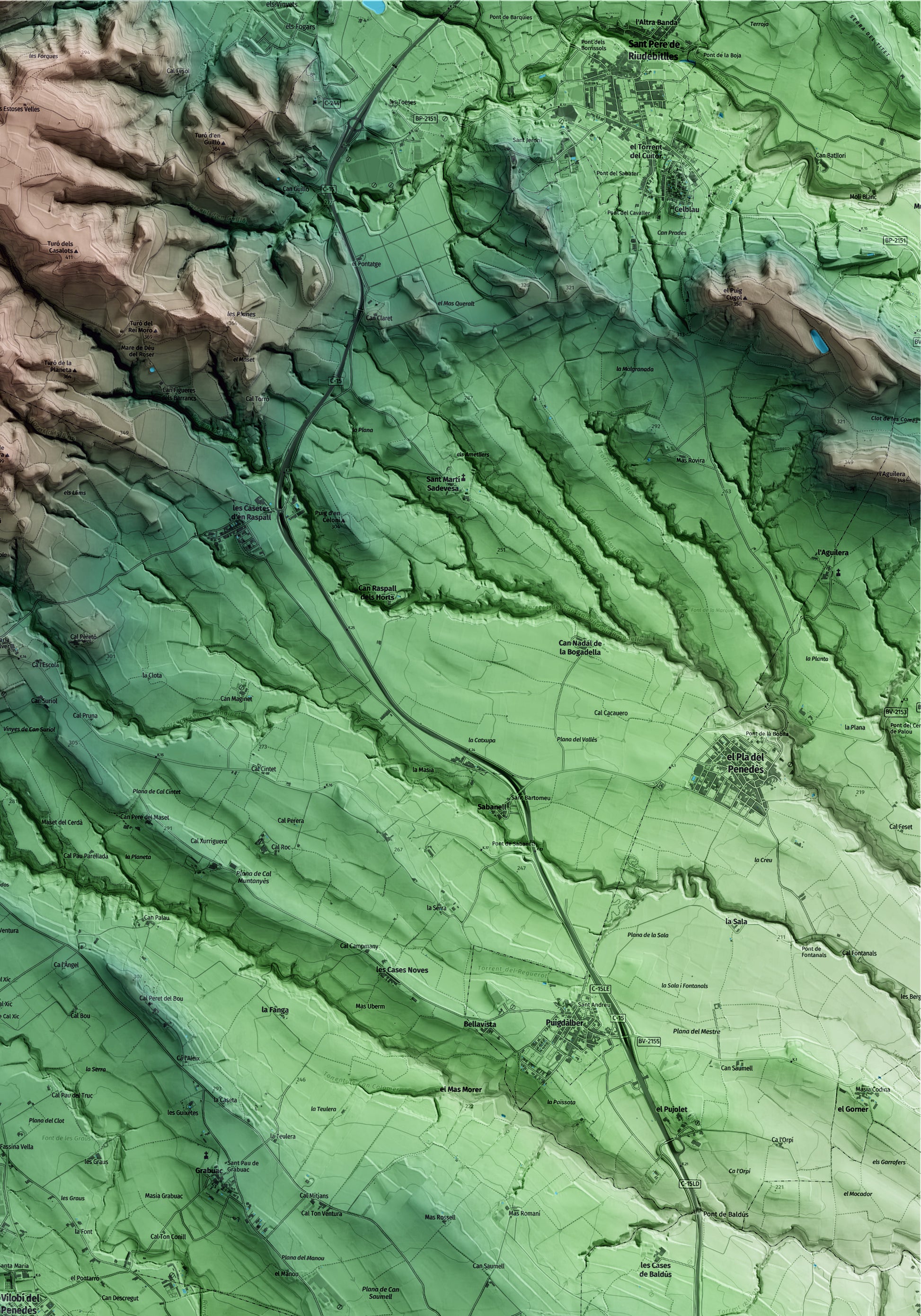 Mapa artístico del relieve de Vilobí del Penedès, al Alt Penedès, con 15 km de entorno y base topográfica ICGC. Detalle de la zona superior derecha.