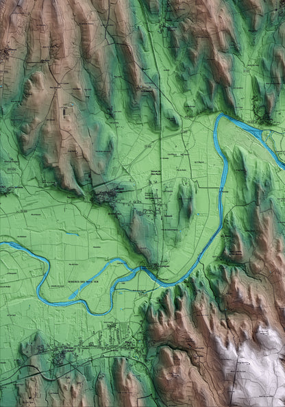 Mapa artístico del relieve de Vilopriu, al Baix Empordà, con 15 km de entorno y base topográfica ICGC. Detalle de la zona inferior izquierda.