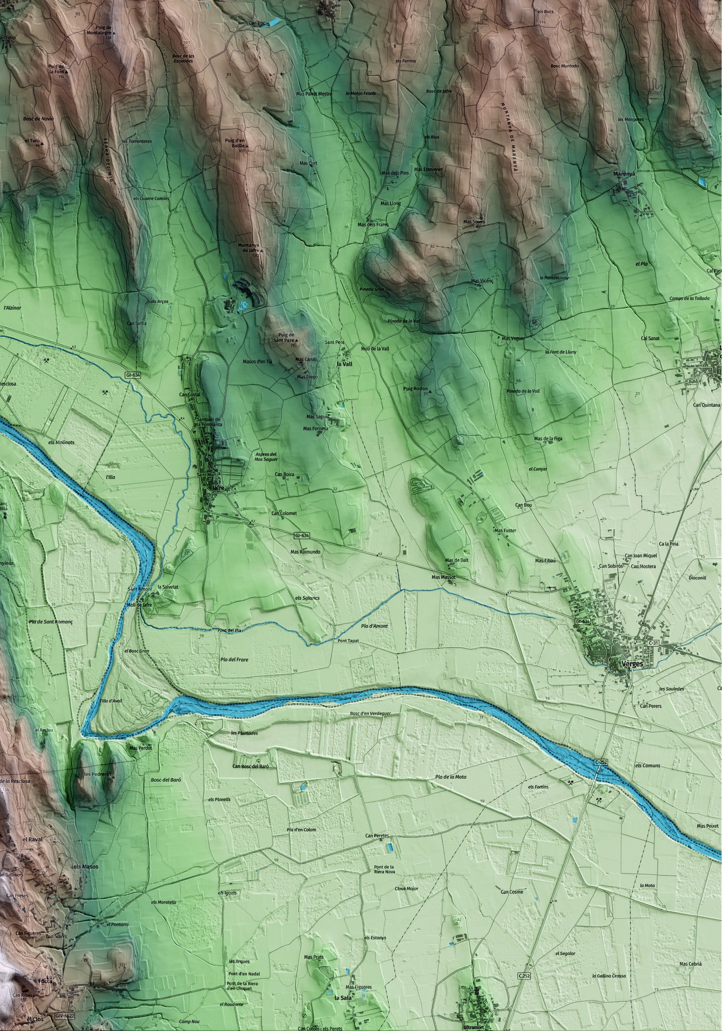 Mapa artístico del relieve de Vilopriu, al Baix Empordà, con 15 km de entorno y base topográfica ICGC. Detalle de la zona inferior derecha.