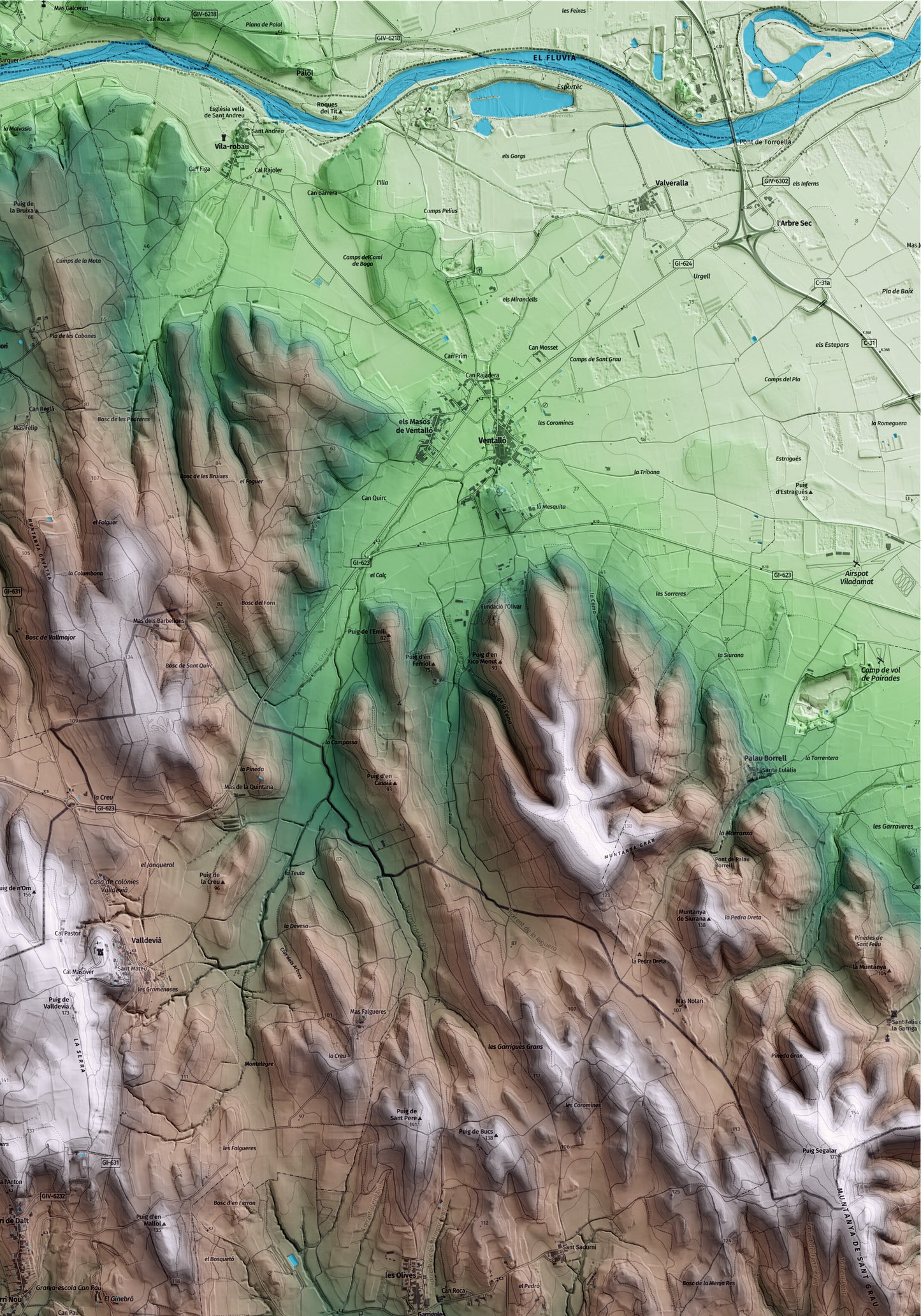 Mapa artístico del relieve de Vilopriu, al Baix Empordà, con 15 km de entorno y base topográfica ICGC. Detalle de la zona superior derecha.