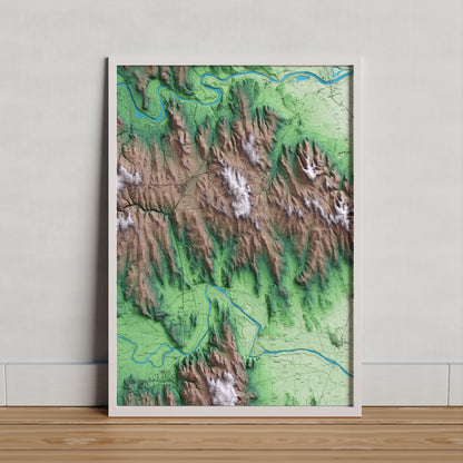 Mapa artístico del relieve de Vilopriu, al Baix Empordà, con 15 km de entorno y base topográfica ICGC. Presentación enmarcada.