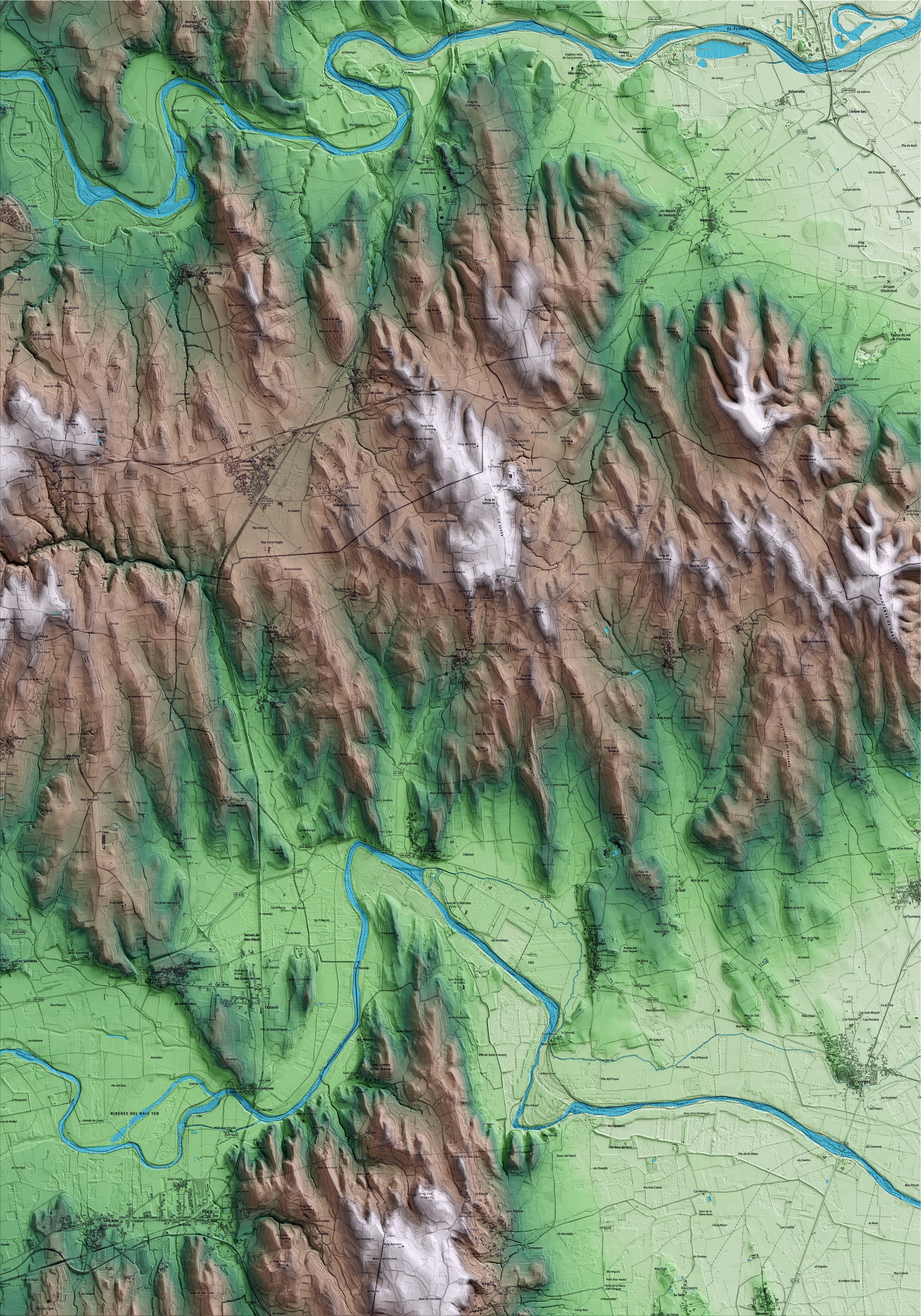 Mapa artístico del relieve de Vilopriu, al Baix Empordà, con 15 km de entorno y base topográfica ICGC