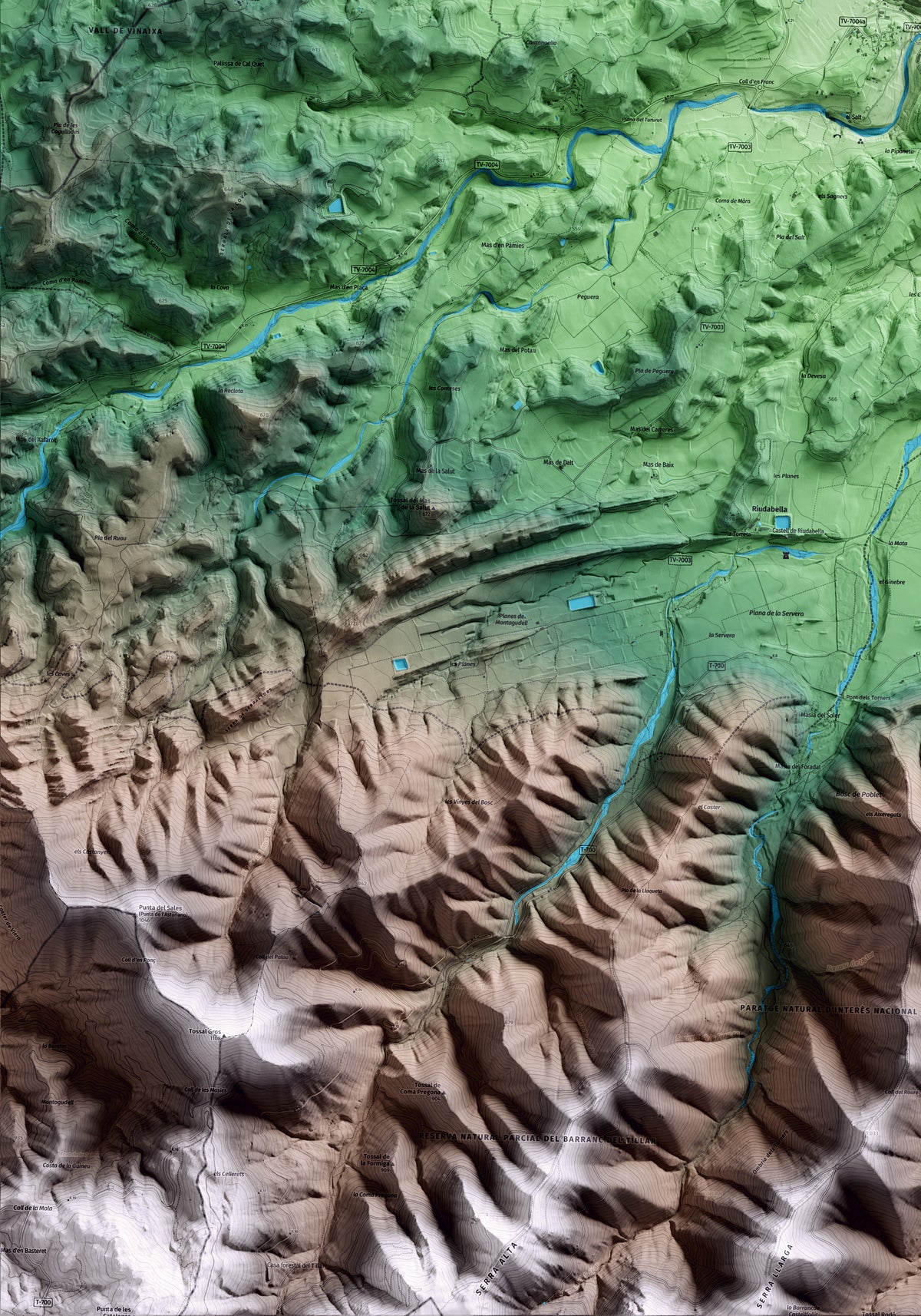 Mapa artístico del relieve de Vimbodí i Poblet, a la Conca de Barberà, con 15 km de entorno y base topográfica ICGC. Detalle de la zona inferior izquierda.
