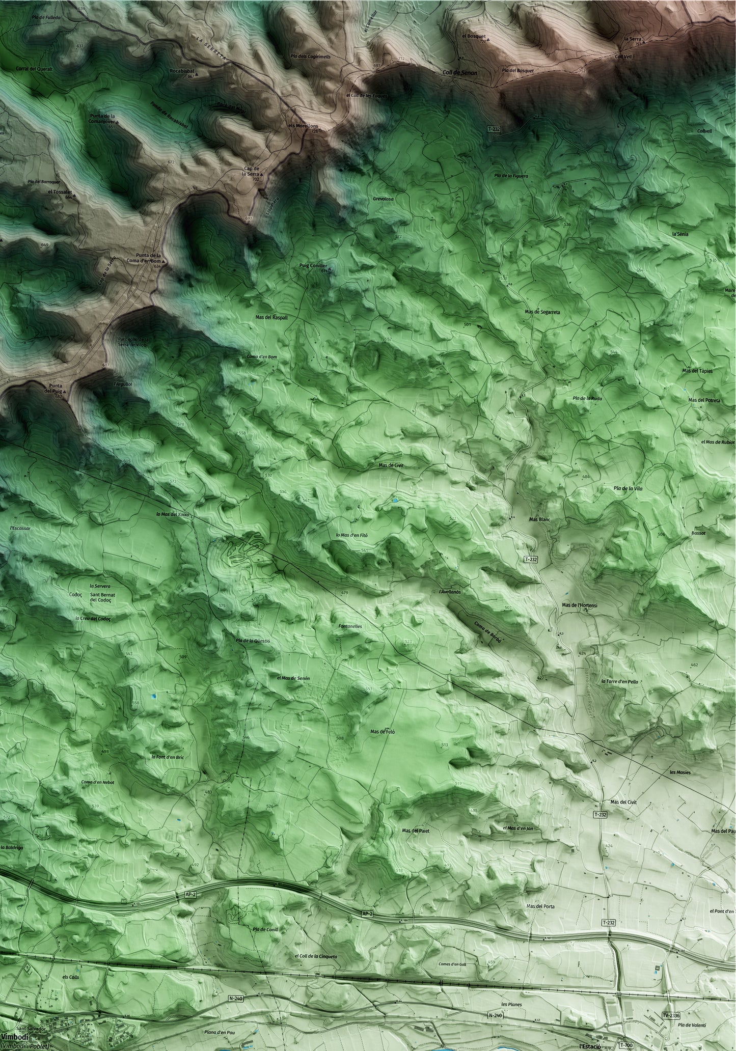 Mapa artístico del relieve de Vimbodí i Poblet, a la Conca de Barberà, con 15 km de entorno y base topográfica ICGC. Detalle de la zona superior derecha.