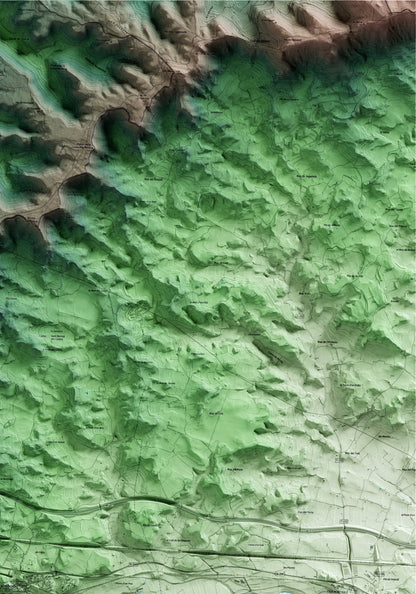 Mapa artístico del relieve de Vimbodí i Poblet, a la Conca de Barberà, con 15 km de entorno y base topográfica ICGC. Detalle de la zona superior derecha.