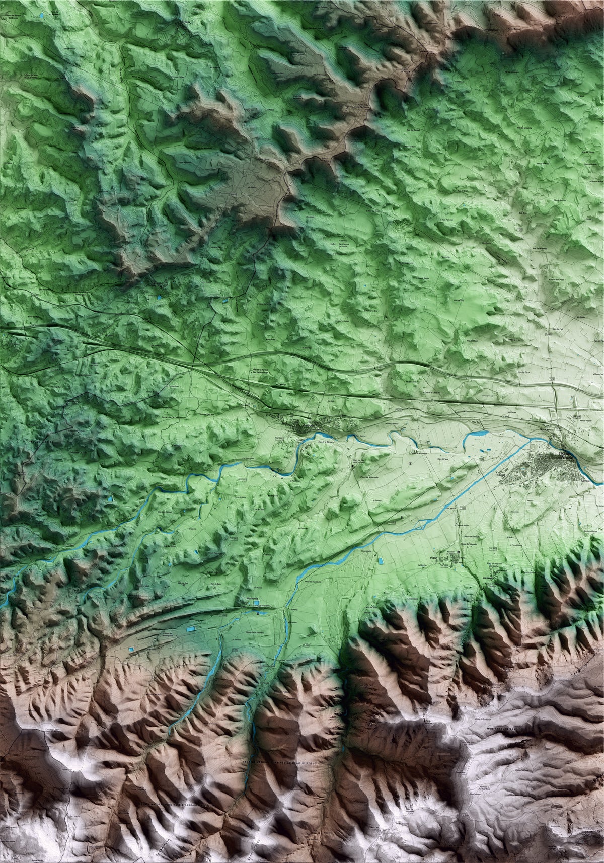 Mapa artístico del relieve de Vimbodí i Poblet, a la Conca de Barberà, con 15 km de entorno y base topográfica ICGC