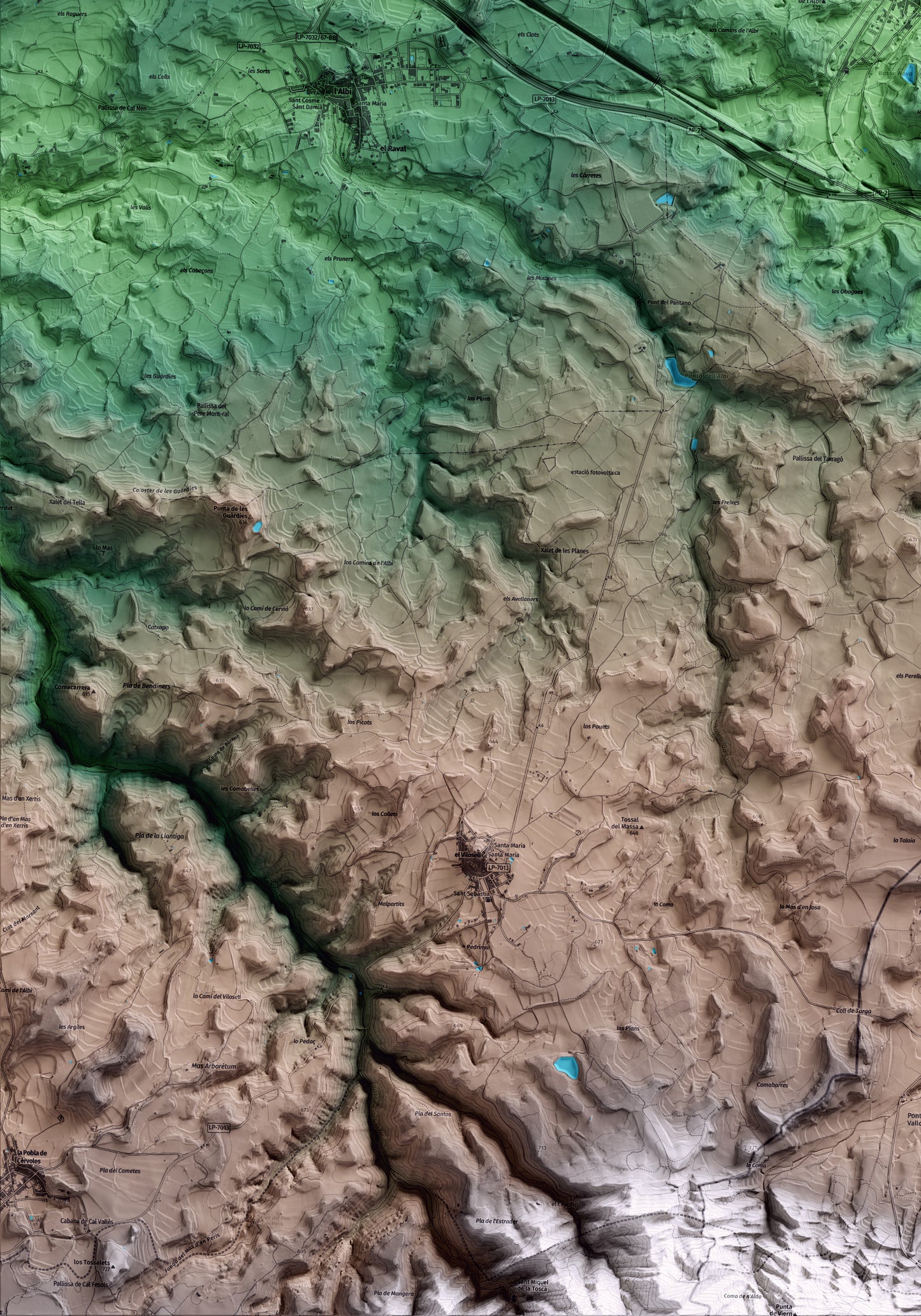 Mapa artístico del relieve de Vinaixa, a las Garrigues, con 15 km de entorno y base topográfica ICGC. Detalle de la zona inferior izquierda.