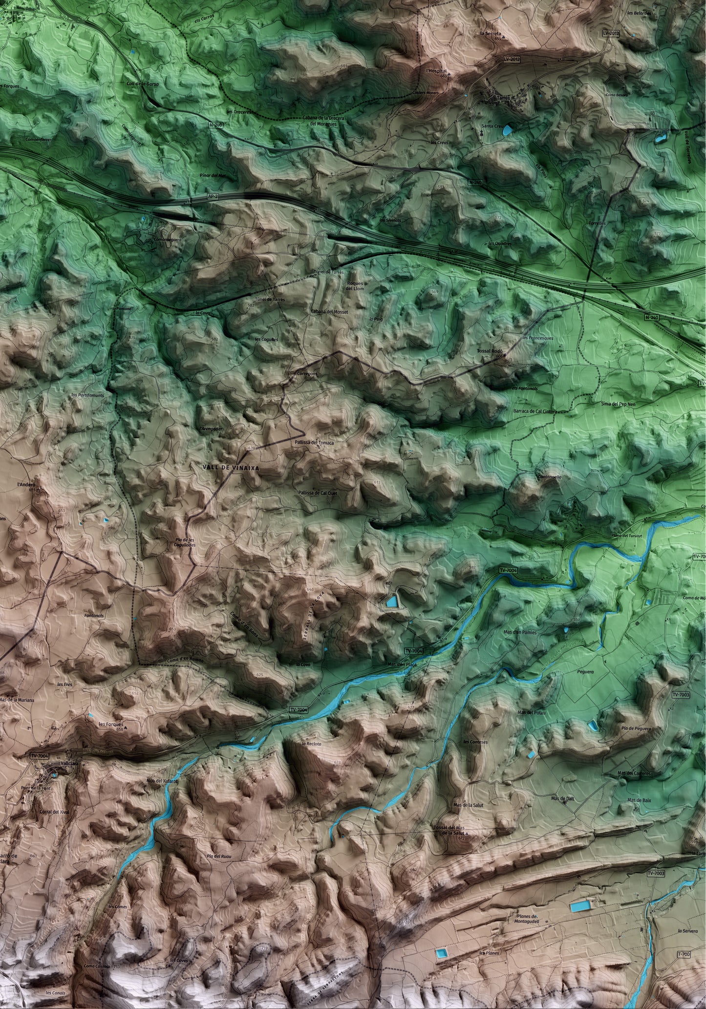 Mapa artístico del relieve de Vinaixa, a las Garrigues, con 15 km de entorno y base topográfica ICGC. Detalle de la zona inferior derecha.