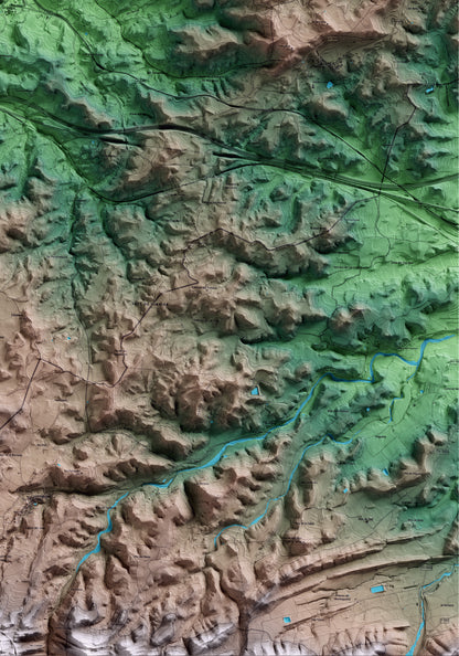 Mapa artístico del relieve de Vinaixa, a las Garrigues, con 15 km de entorno y base topográfica ICGC. Detalle de la zona inferior derecha.