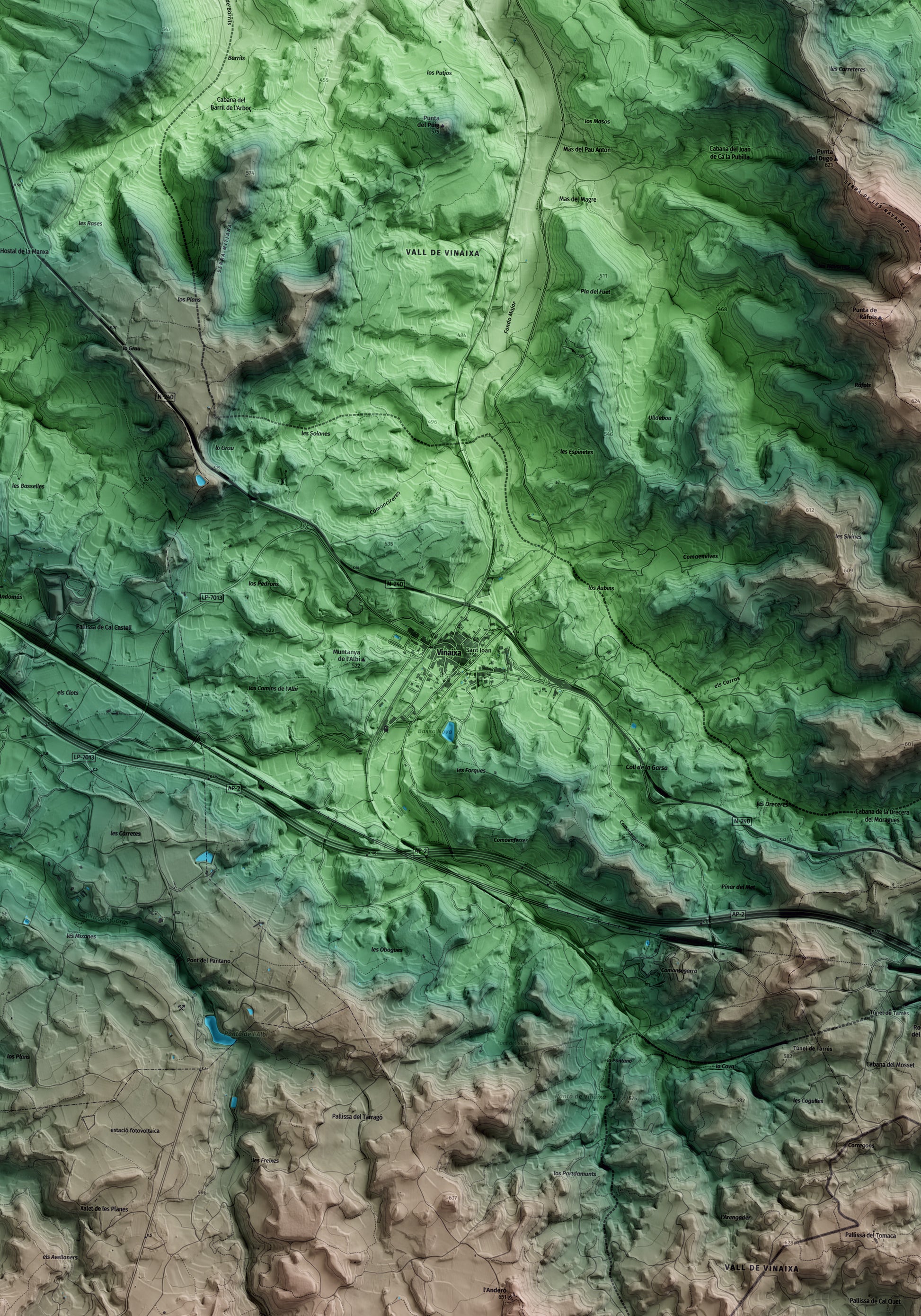 Mapa artístico del relieve de Vinaixa, a las Garrigues, con 15 km de entorno y base topográfica ICGC. Detalle de la zona central.