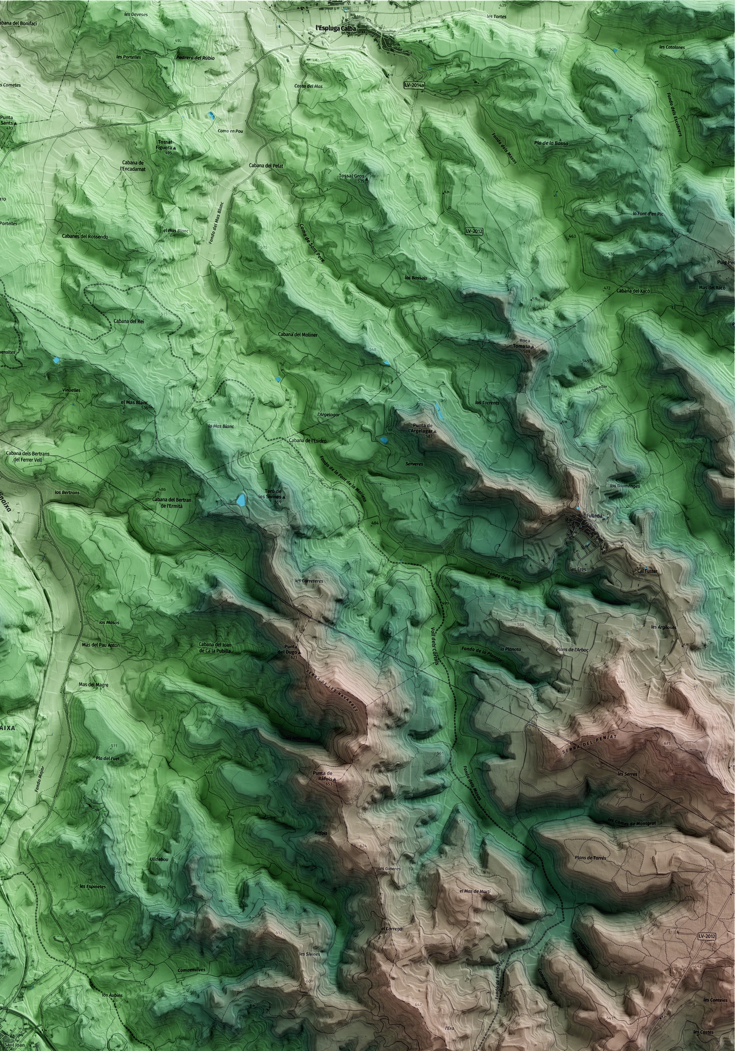Mapa artístico del relieve de Vinaixa, a las Garrigues, con 15 km de entorno y base topográfica ICGC. Detalle de la zona superior derecha.
