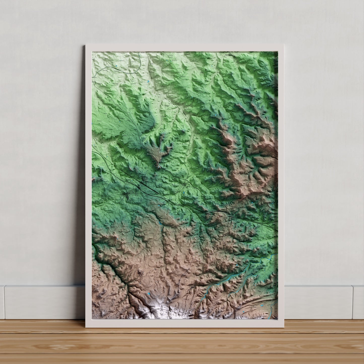 Mapa artístico del relieve de Vinaixa, a las Garrigues, con 15 km de entorno y base topográfica ICGC. Presentación enmarcada.