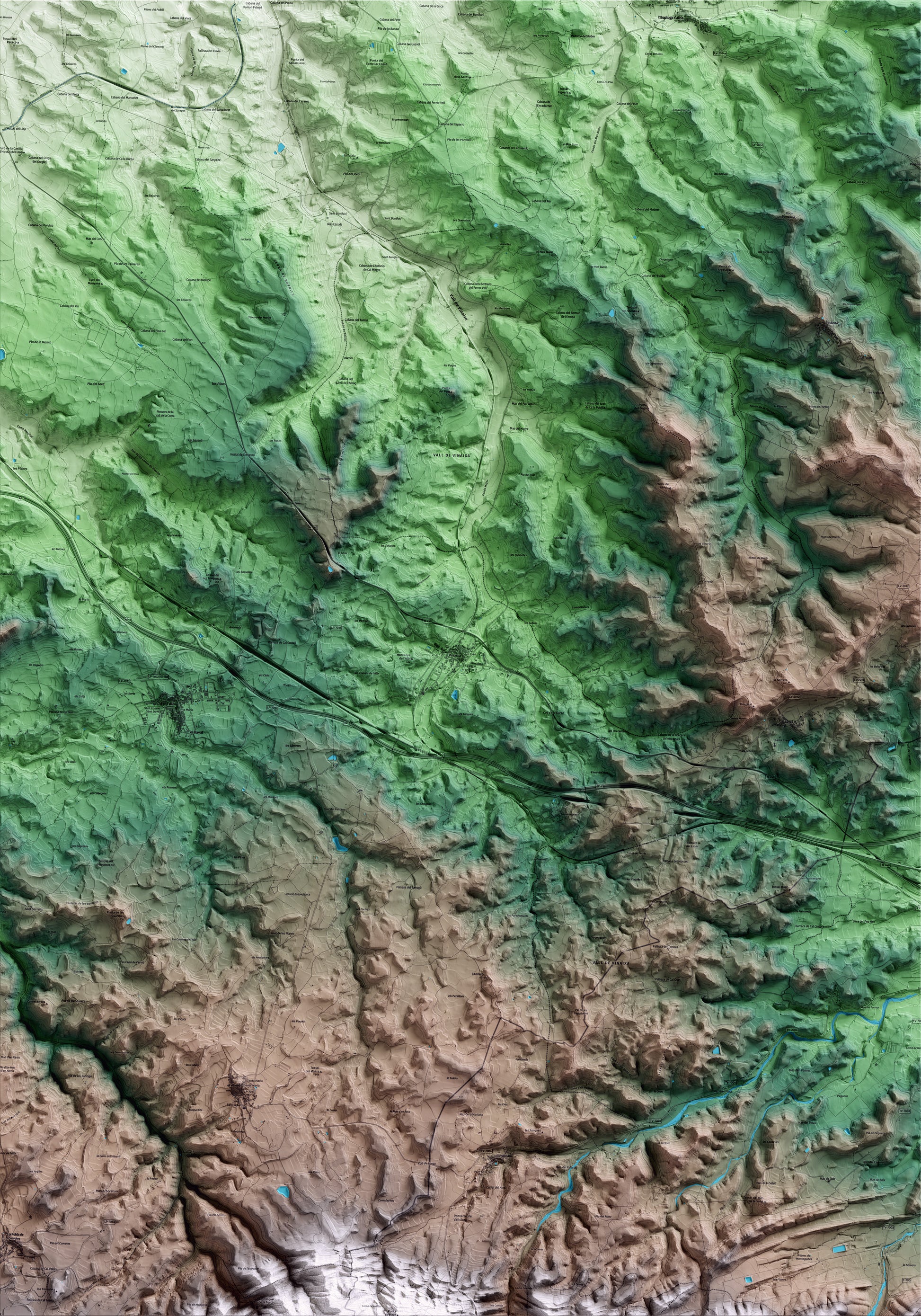 Mapa artístico del relieve de Vinaixa, a las Garrigues, con 15 km de entorno y base topográfica ICGC