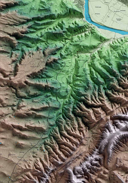 Mapa artístico del relieve de Vinebre, a la Ribera de Ebro, con 15 km de entorno y base topográfica ICGC. Detalle de la zona inferior izquierda.