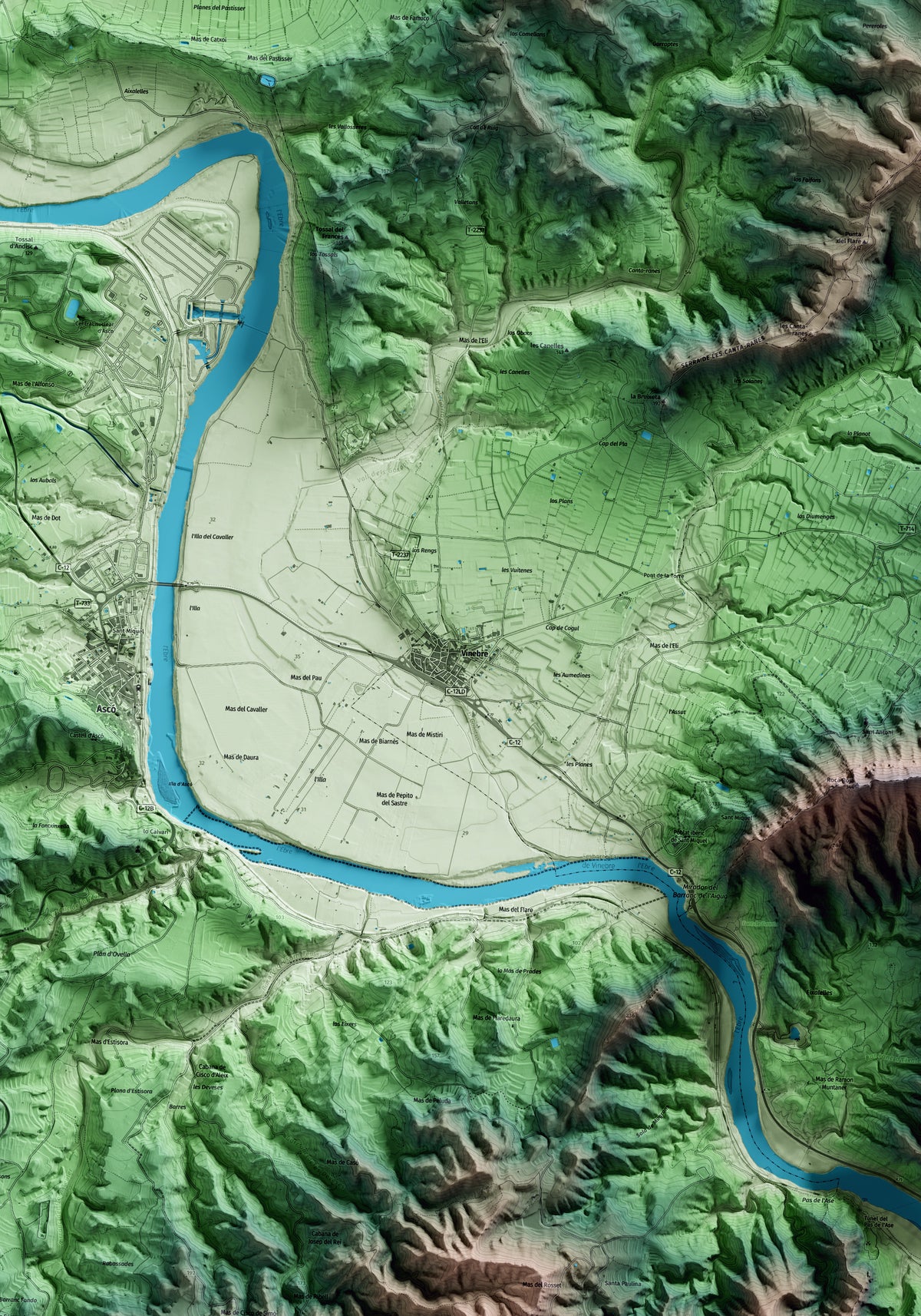 Mapa artístico del relieve de Vinebre, a la Ribera de Ebro, con 15 km de entorno y base topográfica ICGC. Detalle de la zona central.