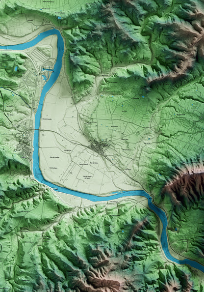 Mapa artístico del relieve de Vinebre, a la Ribera de Ebro, con 15 km de entorno y base topográfica ICGC. Detalle de la zona central.