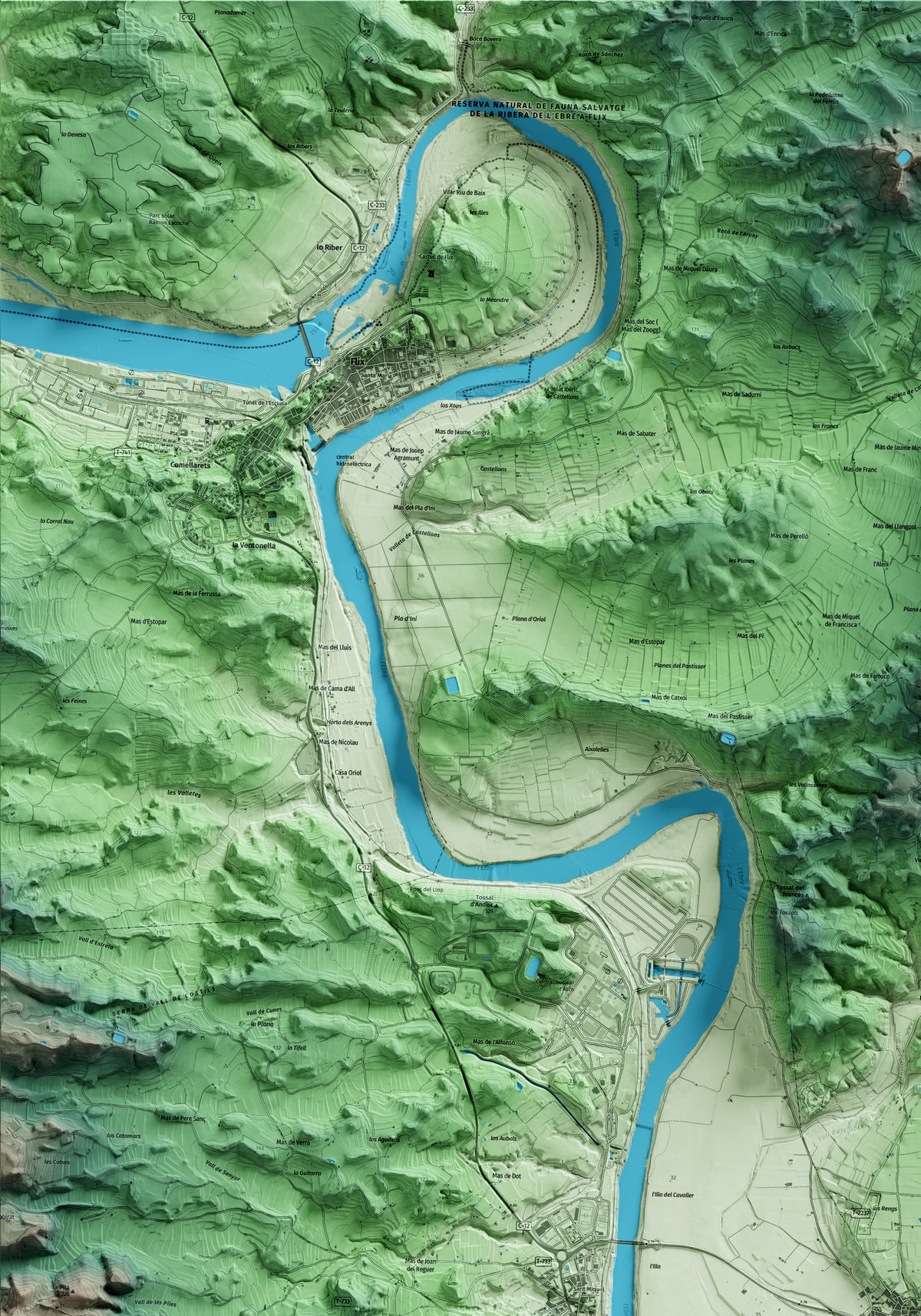 Mapa artístico del relieve de Vinebre, a la Ribera de Ebro, con 15 km de entorno y base topográfica ICGC. Detalle de la zona superior izquierda.