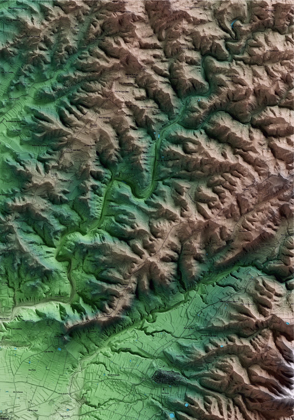 Mapa artístico del relieve de Vinebre, a la Ribera de Ebro, con 15 km de entorno y base topográfica ICGC. Detalle de la zona superior derecha.