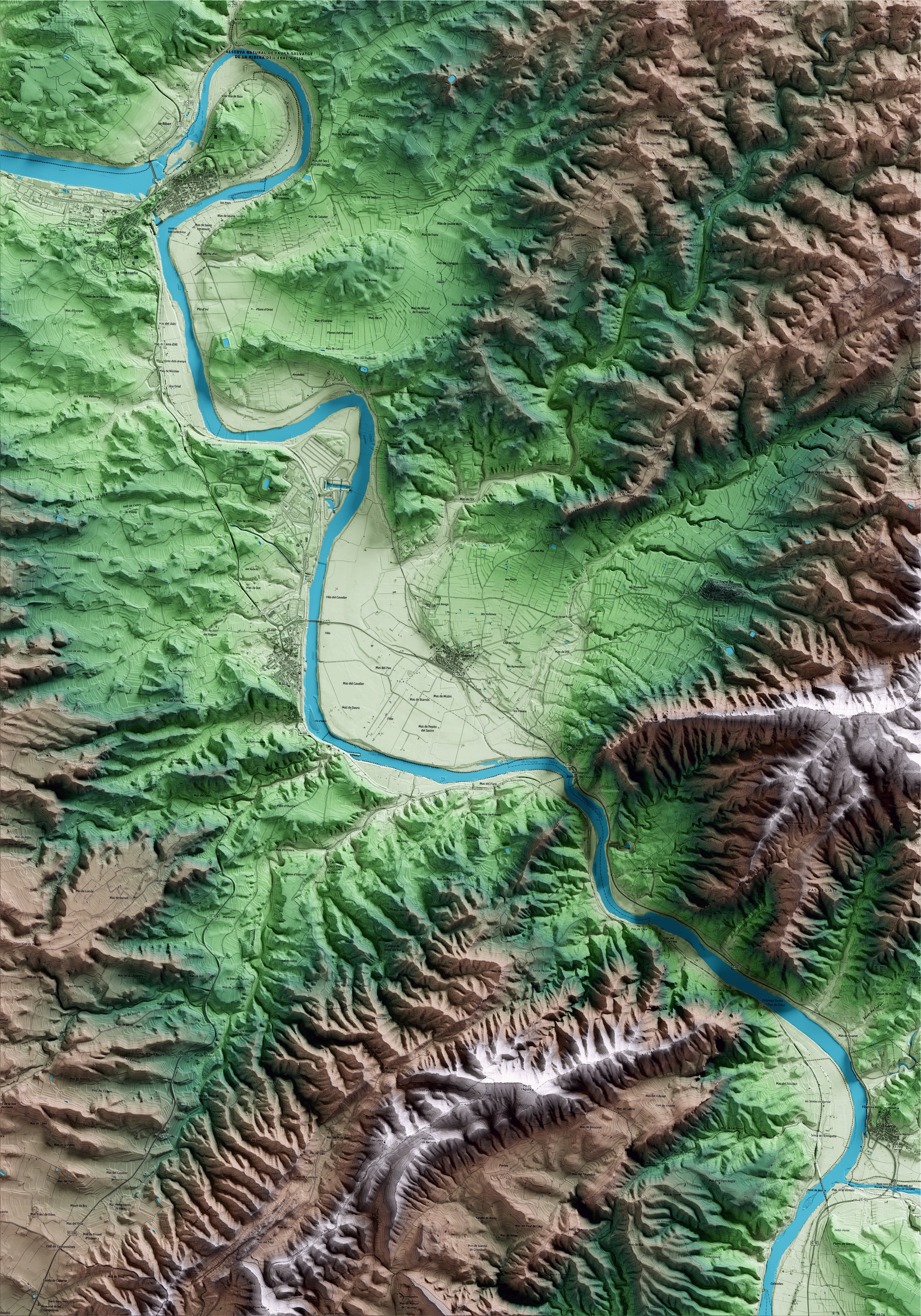 Mapa artístico del relieve de Vinebre, a la Ribera de Ebro, con 15 km de entorno y base topográfica ICGC