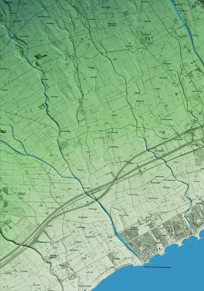 Mapa artístico del relieve de Vinyols i els Arcs, al Baix Camp, con 15 km de entorno y base topográfica ICGC. Detalle de la zona inferior izquierda.