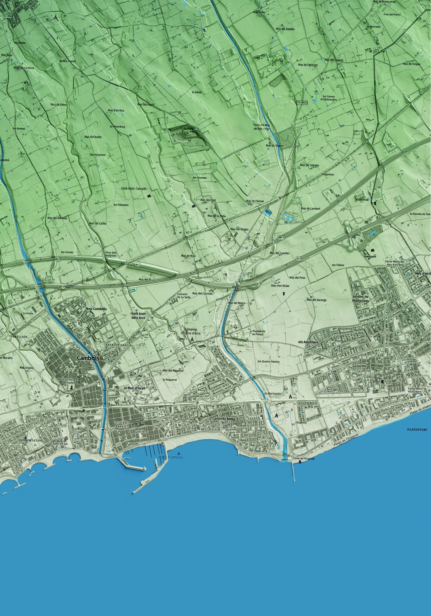 Mapa artístico del relieve de Vinyols i els Arcs, al Baix Camp, con 15 km de entorno y base topográfica ICGC. Detalle de la zona inferior derecha.