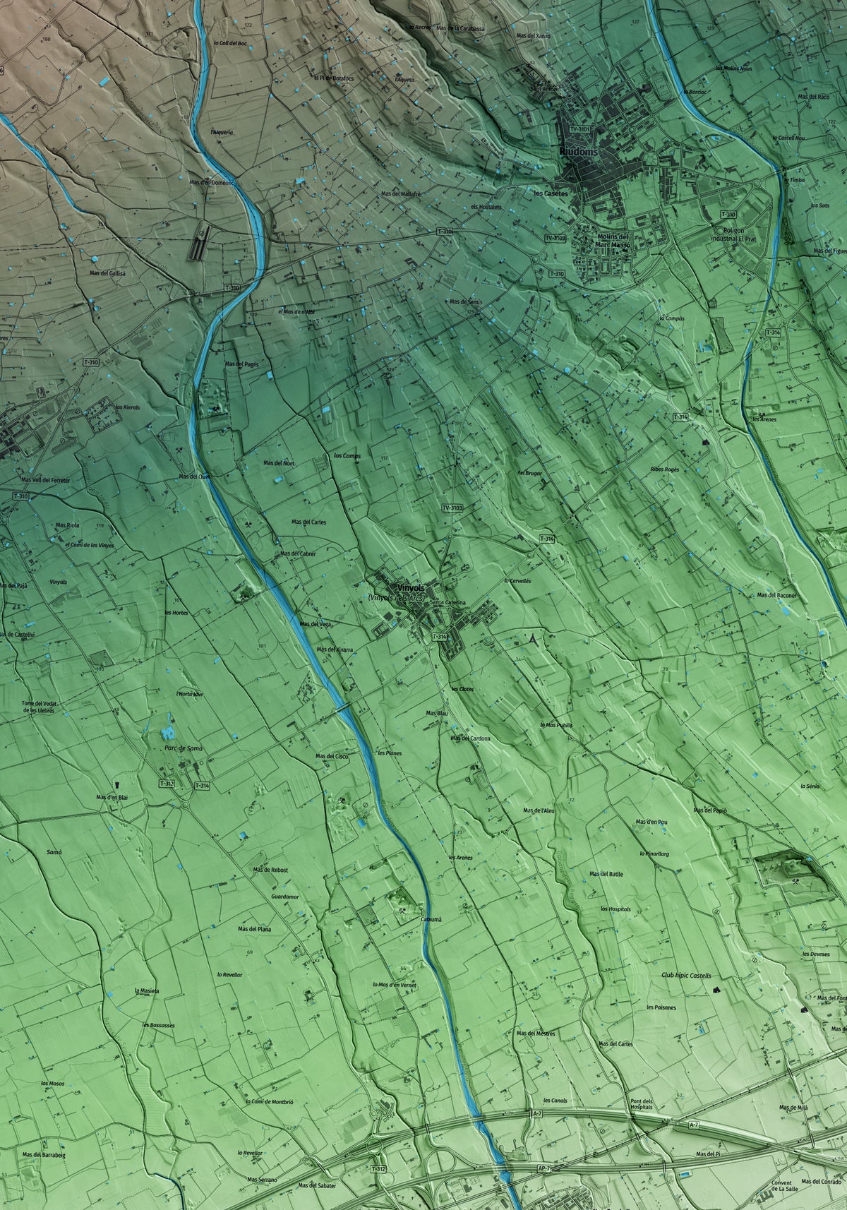 Mapa artístico del relieve de Vinyols i els Arcs, al Baix Camp, con 15 km de entorno y base topográfica ICGC. Detalle de la zona central.