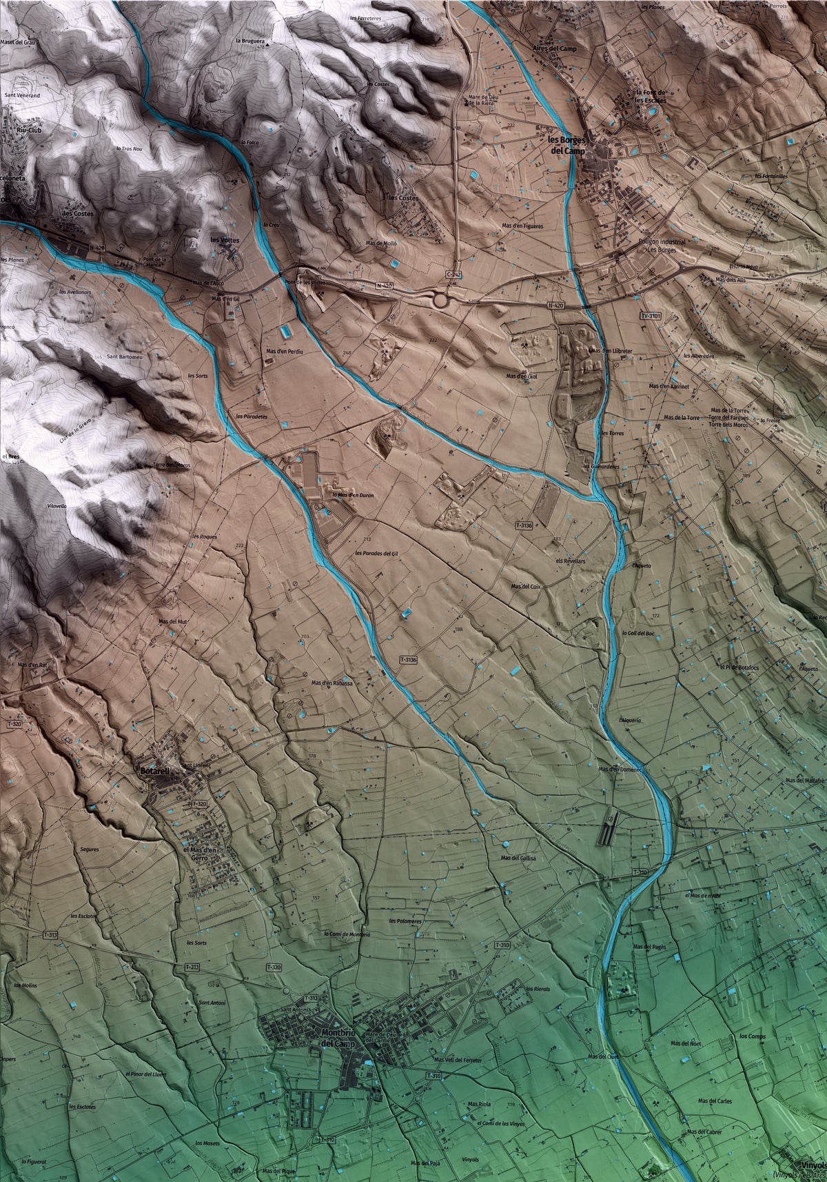Mapa artístico del relieve de Vinyols i els Arcs, al Baix Camp, con 15 km de entorno y base topográfica ICGC. Detalle de la zona superior izquierda.