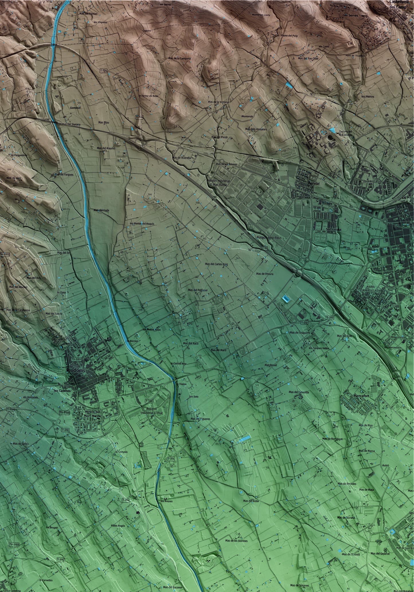 Mapa artístico del relieve de Vinyols i els Arcs, al Baix Camp, con 15 km de entorno y base topográfica ICGC. Detalle de la zona superior derecha.