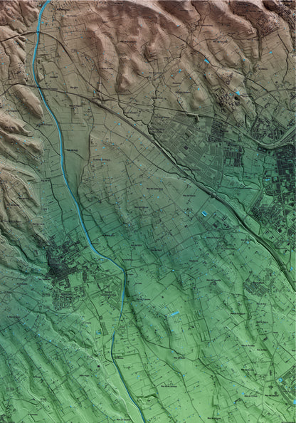 Mapa artístico del relieve de Vinyols i els Arcs, al Baix Camp, con 15 km de entorno y base topográfica ICGC. Detalle de la zona superior derecha.