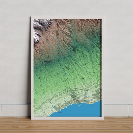 Mapa artístico del relieve de Vinyols i els Arcs, al Baix Camp, con 15 km de entorno y base topográfica ICGC. Presentación enmarcada.