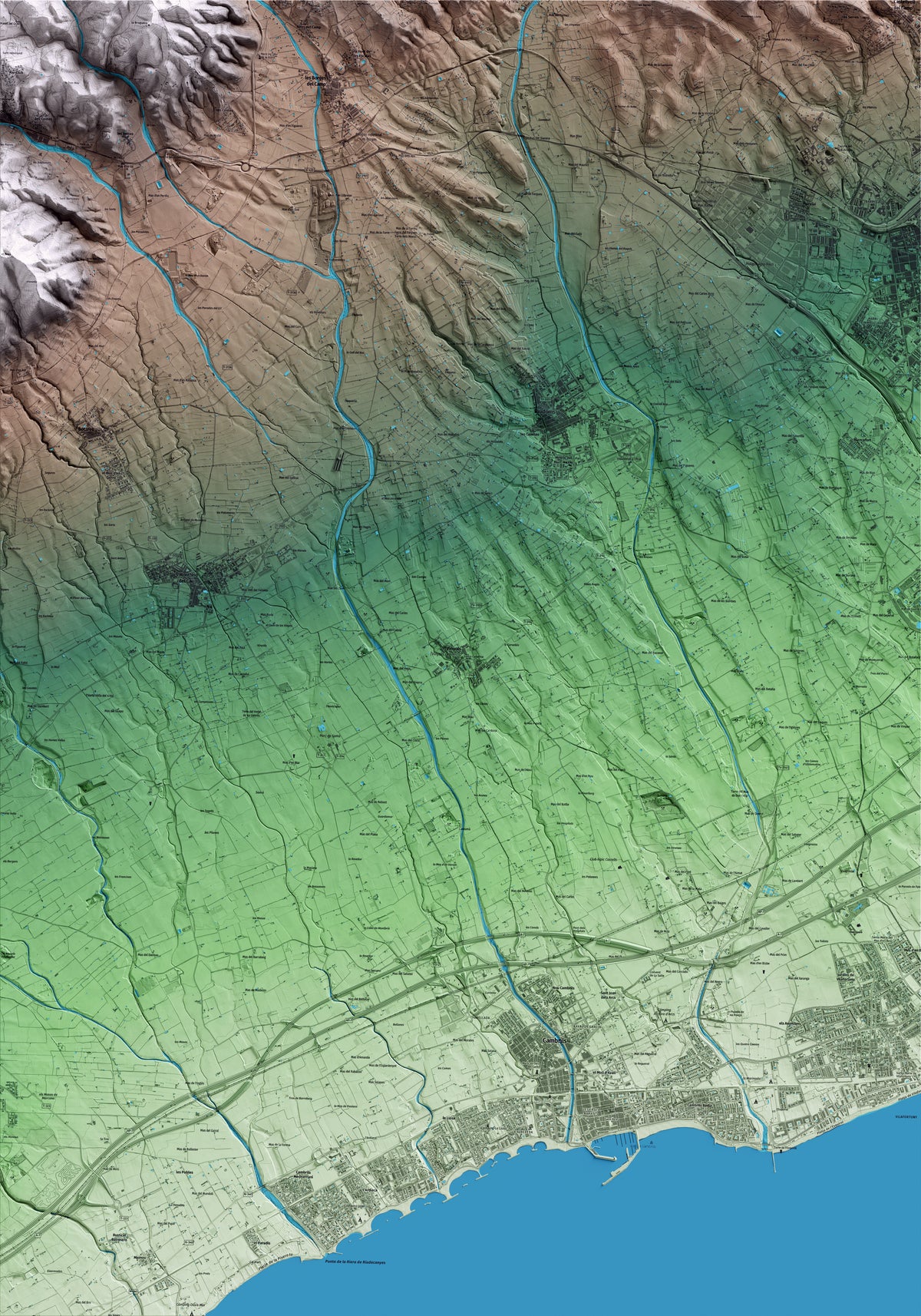 Mapa artístico del relieve de Vinyols i els Arcs, al Baix Camp, con 15 km de entorno y base topográfica ICGC