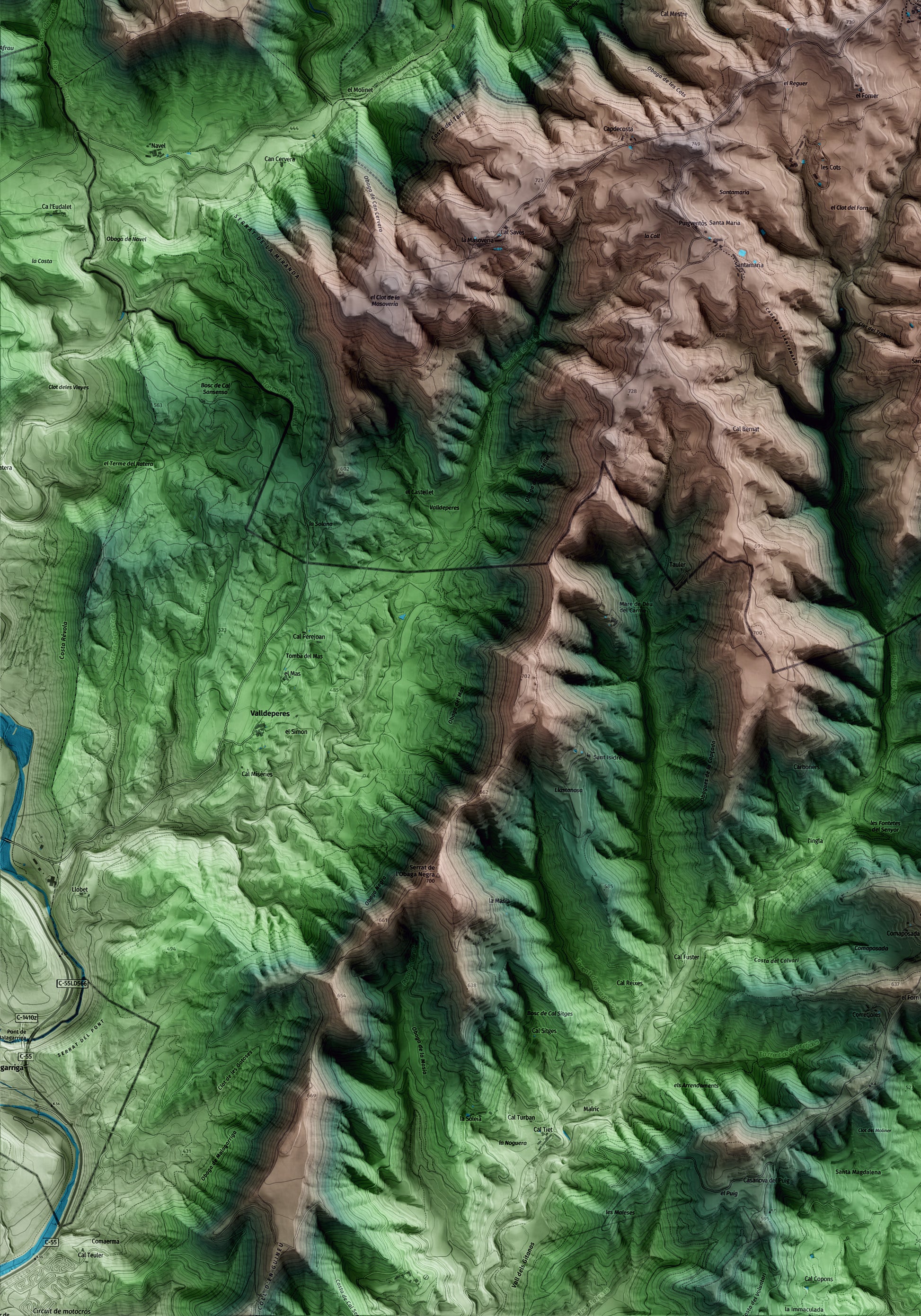 Mapa artístico del relieve de Viver i Serrateix, al Berguedà, con 15 km de entorno y base topográfica ICGC. Detalle de la zona inferior izquierda.