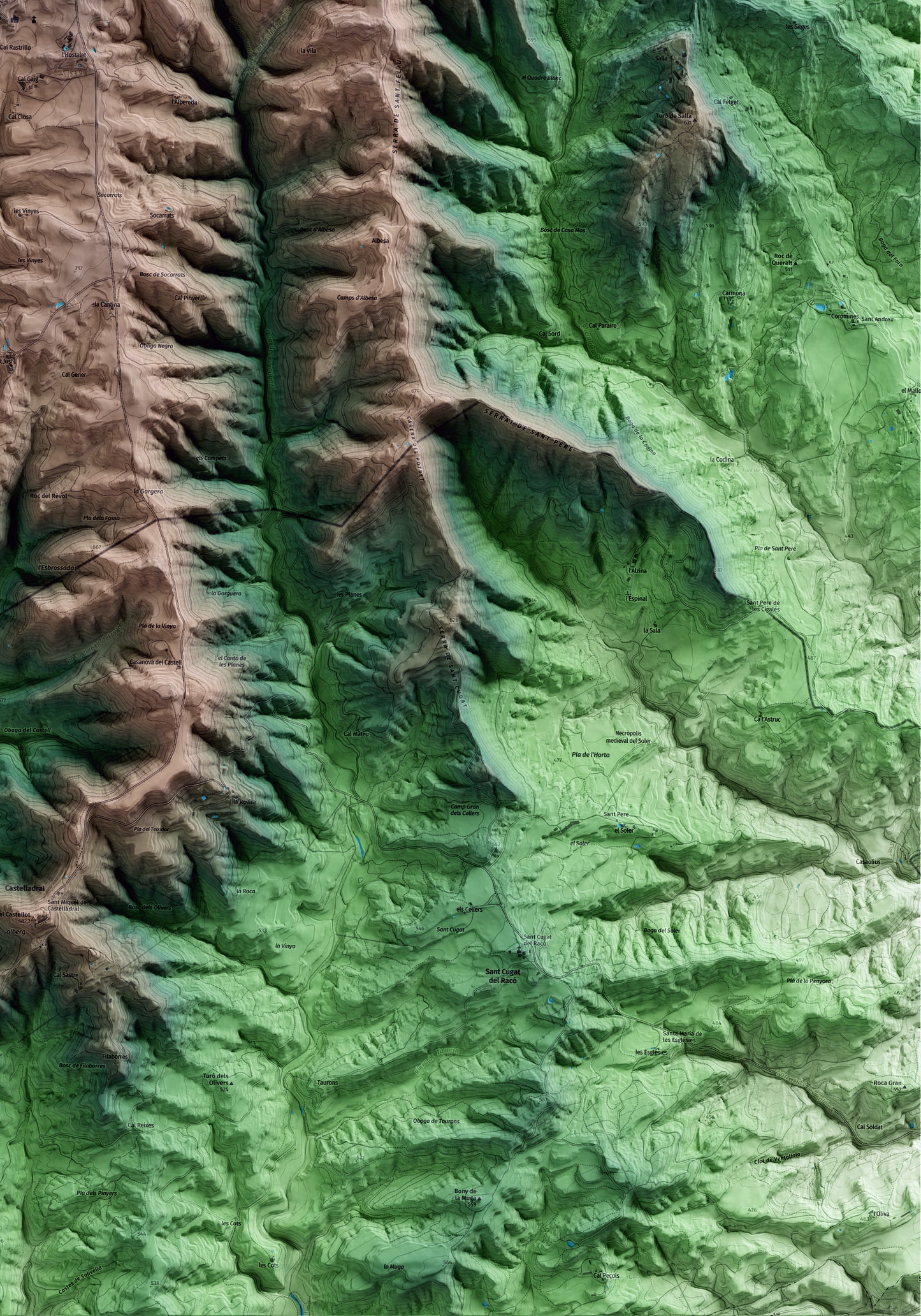 Mapa artístico del relieve de Viver i Serrateix, al Berguedà, con 15 km de entorno y base topográfica ICGC. Detalle de la zona inferior derecha.