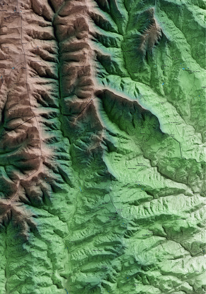 Mapa artístico del relieve de Viver i Serrateix, al Berguedà, con 15 km de entorno y base topográfica ICGC. Detalle de la zona inferior derecha.