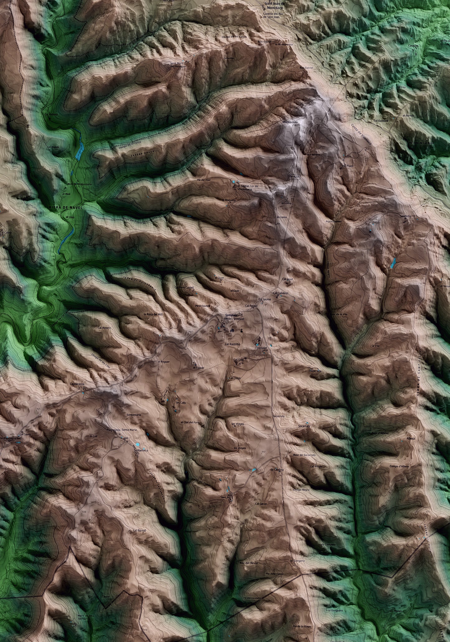 Mapa artístico del relieve de Viver i Serrateix, al Berguedà, con 15 km de entorno y base topográfica ICGC. Detalle de la zona central.